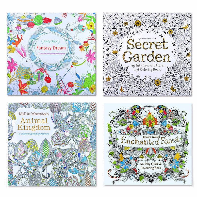 4 pcs  24 Pages Animal Kingdom English Edition Coloring Book for Children Adult Relieve Stress Kill Time Painting Drawing Books